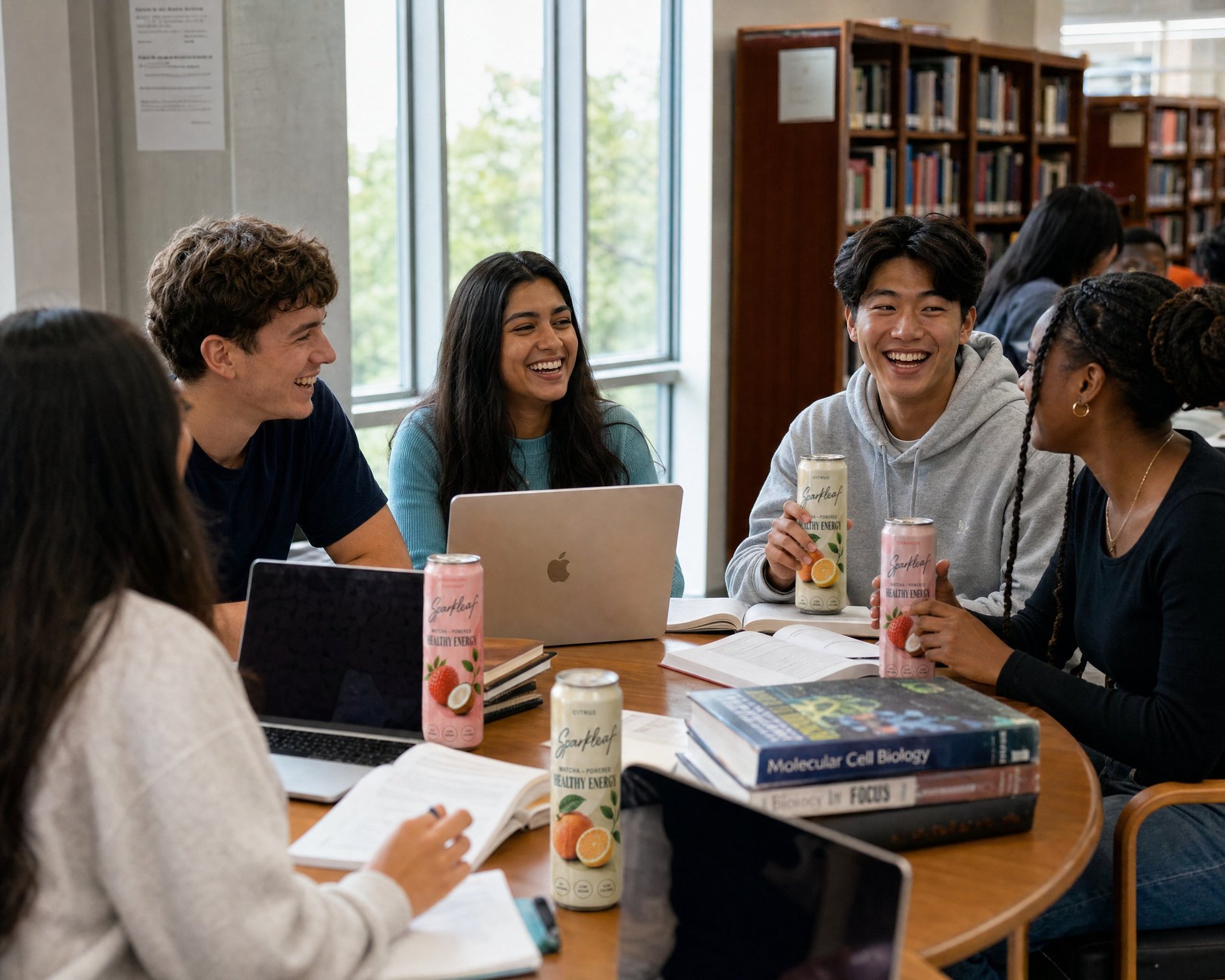 Students studying together with Sparkleaf cans