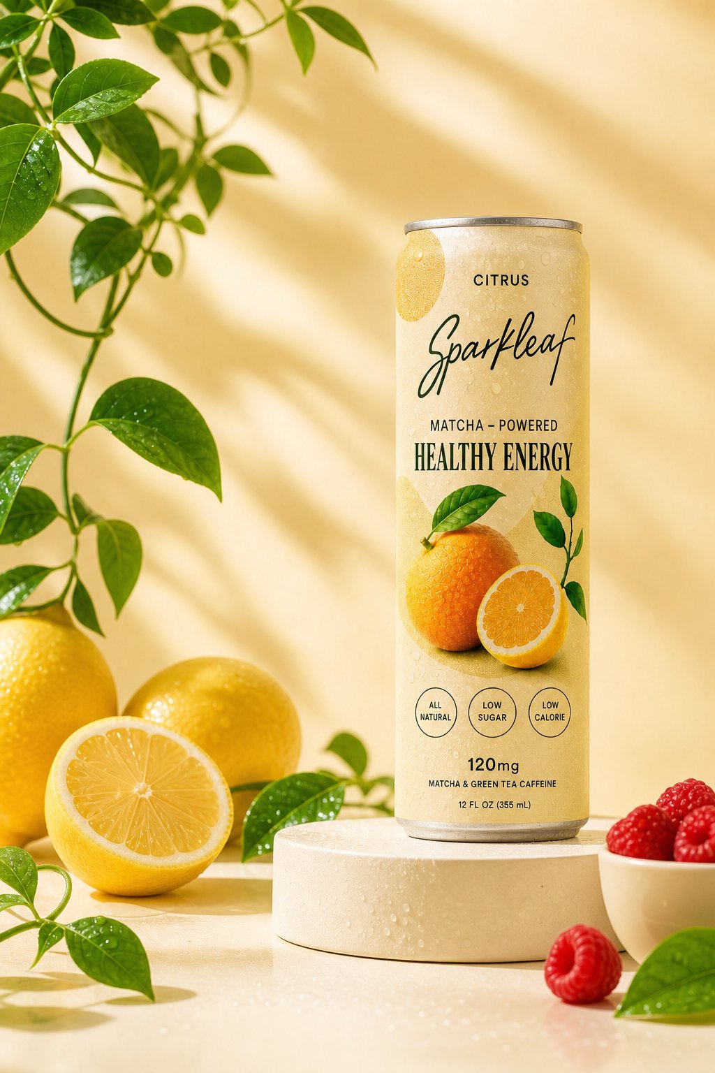 Sparkleaf Citrus styled with lemons and raspberries