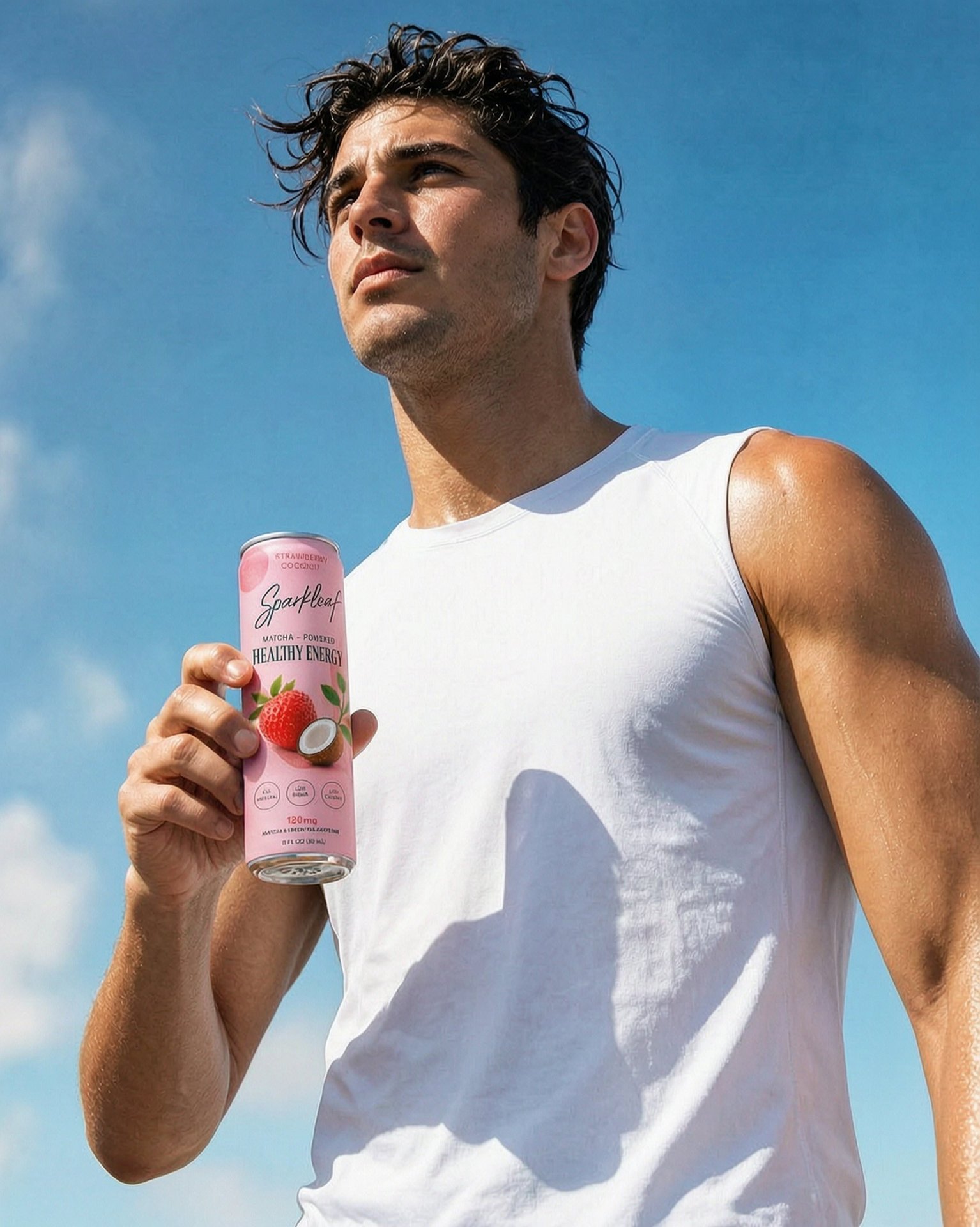 Man holding a Sparkleaf Strawberry Coconut can outdoors