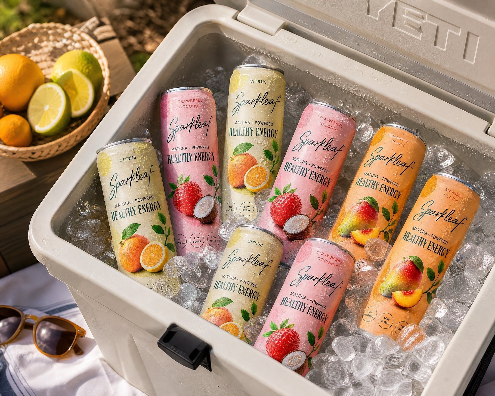 Sparkleaf cans in a YETI cooler full of ice
