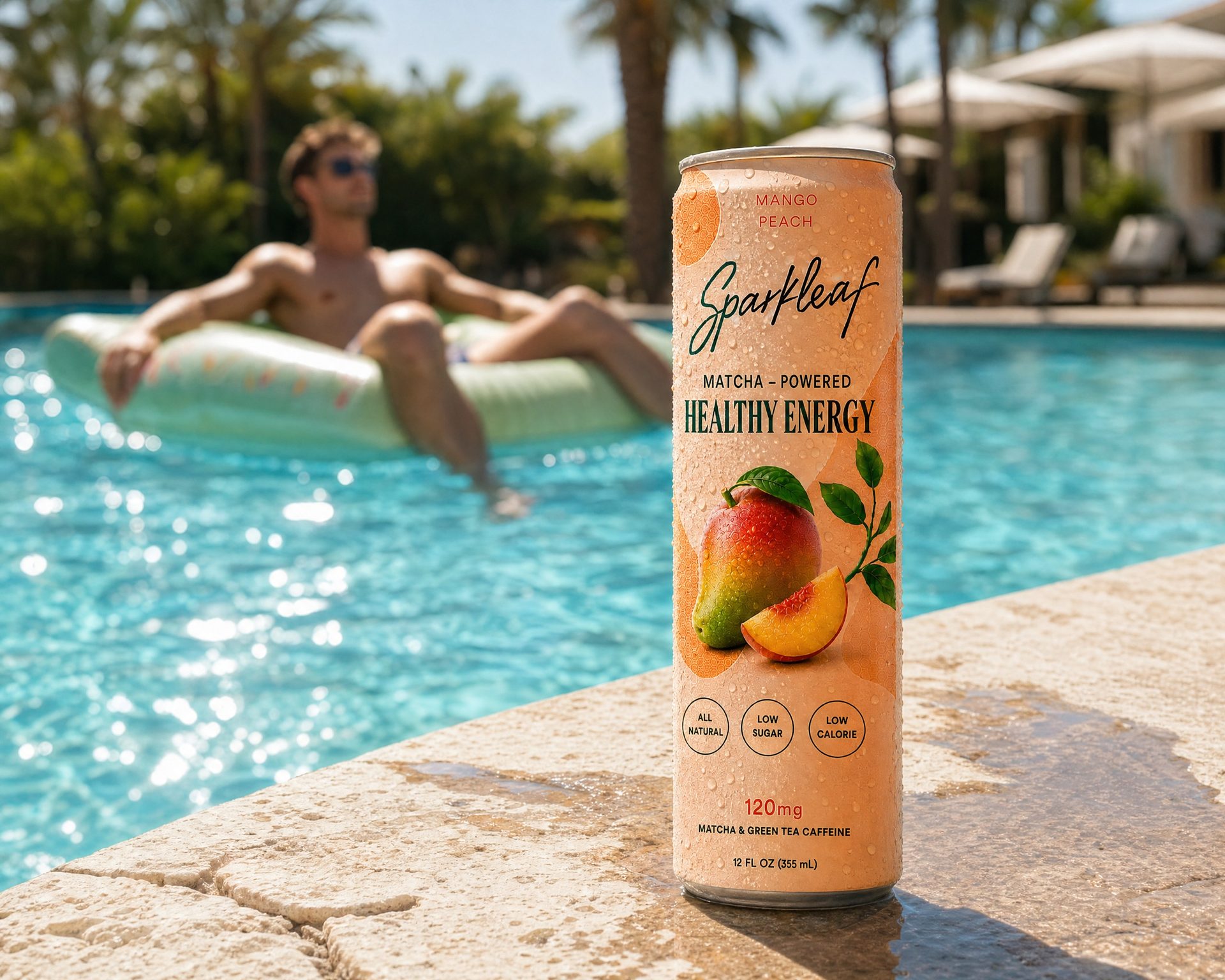 Sparkleaf Mango Peach can by a pool