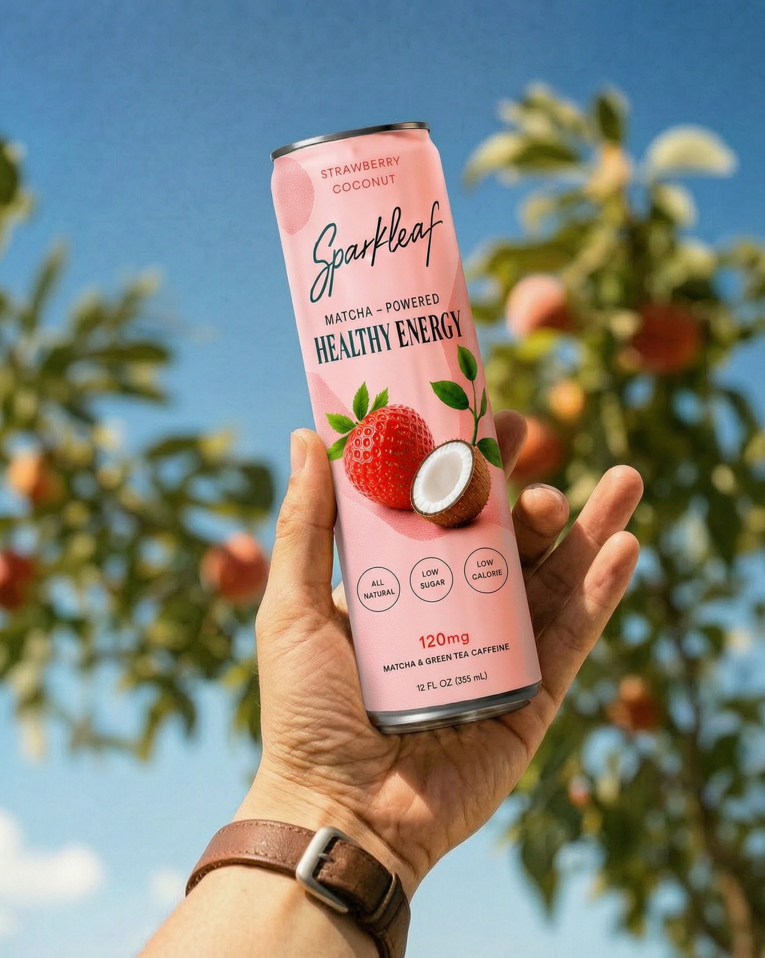 Hand holding Sparkleaf Strawberry Coconut can outdoors