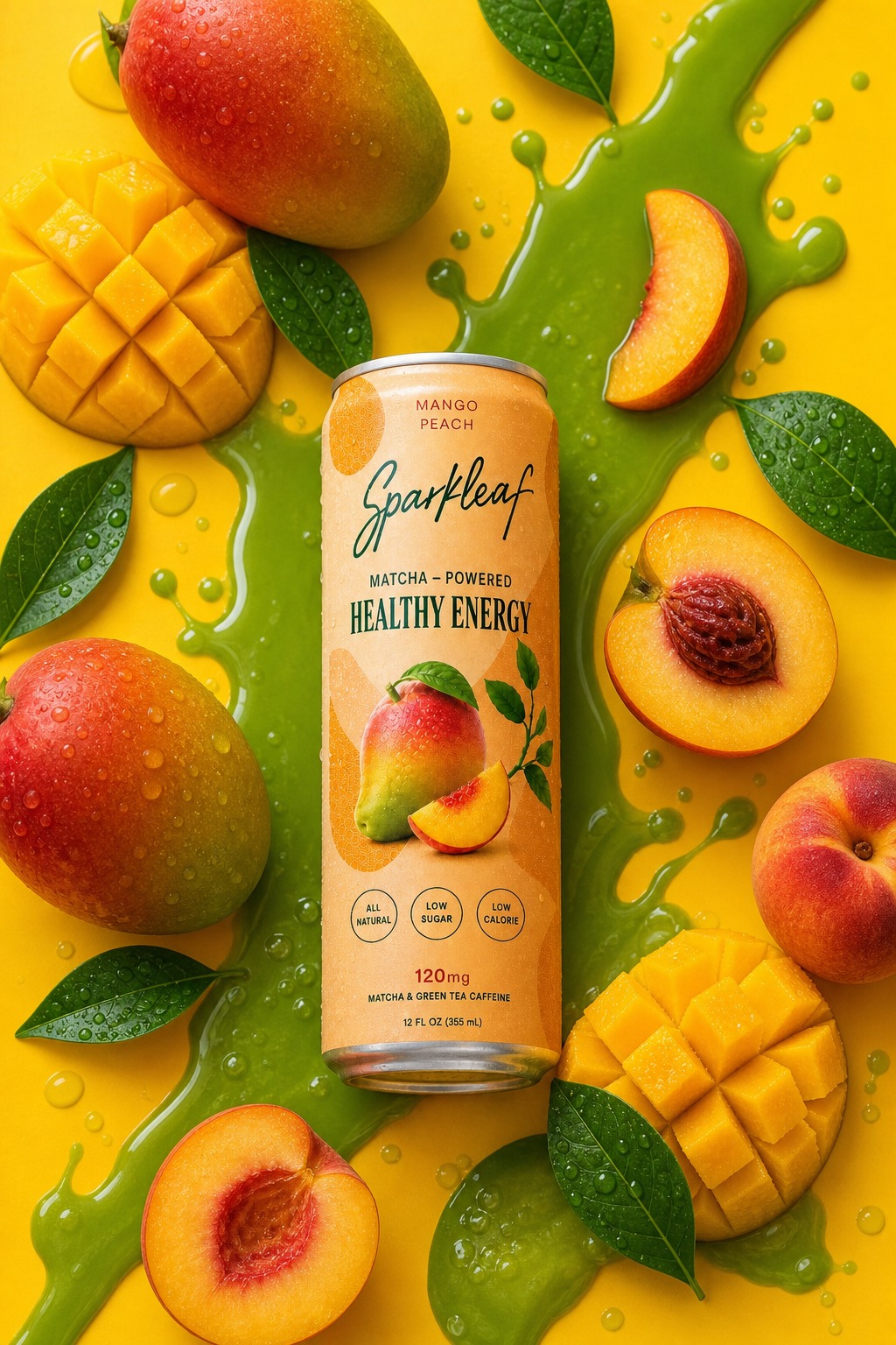 Sparkleaf Mango Peach splashing among fresh mango and peach