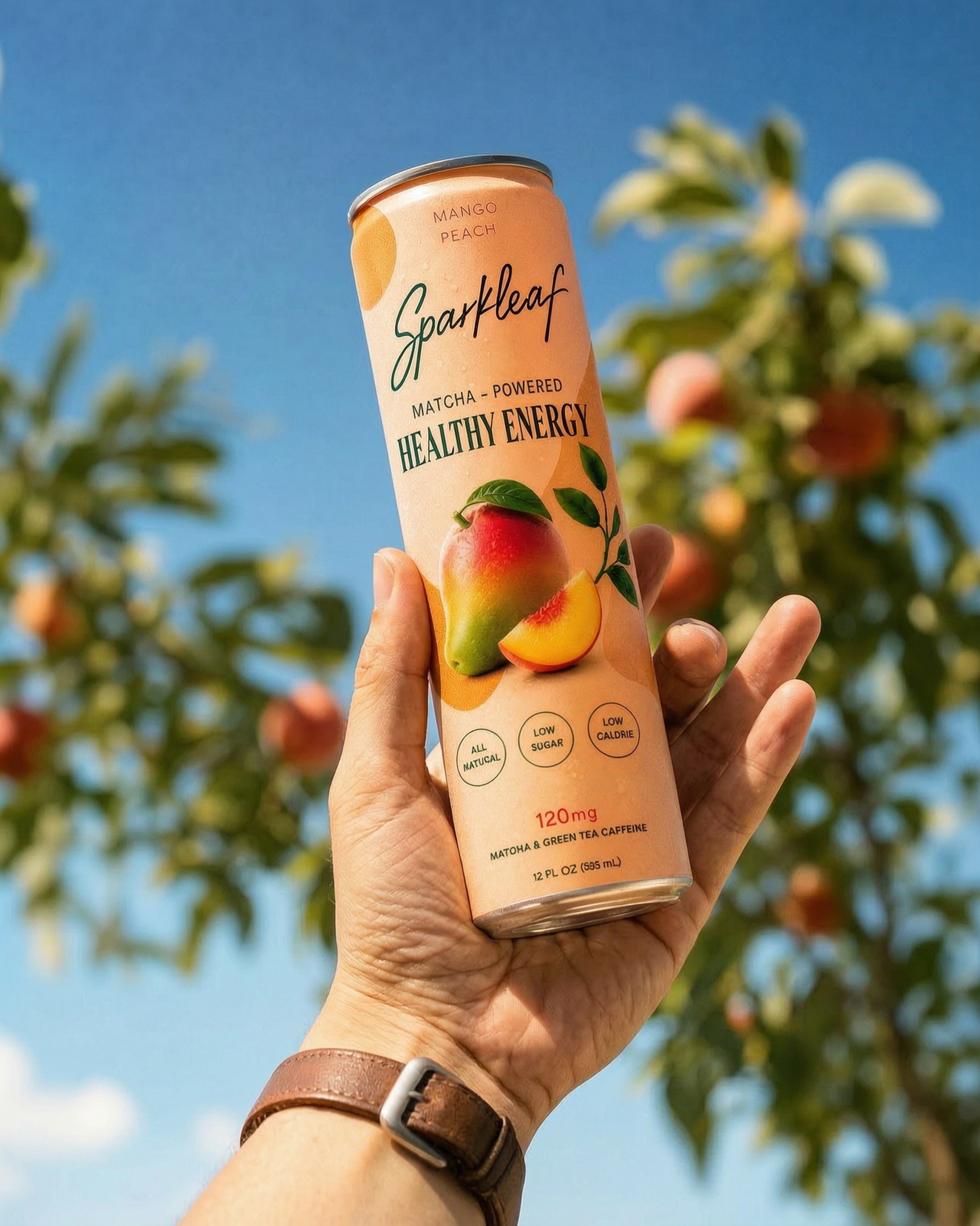 Hand holding Sparkleaf Mango Peach in an orchard