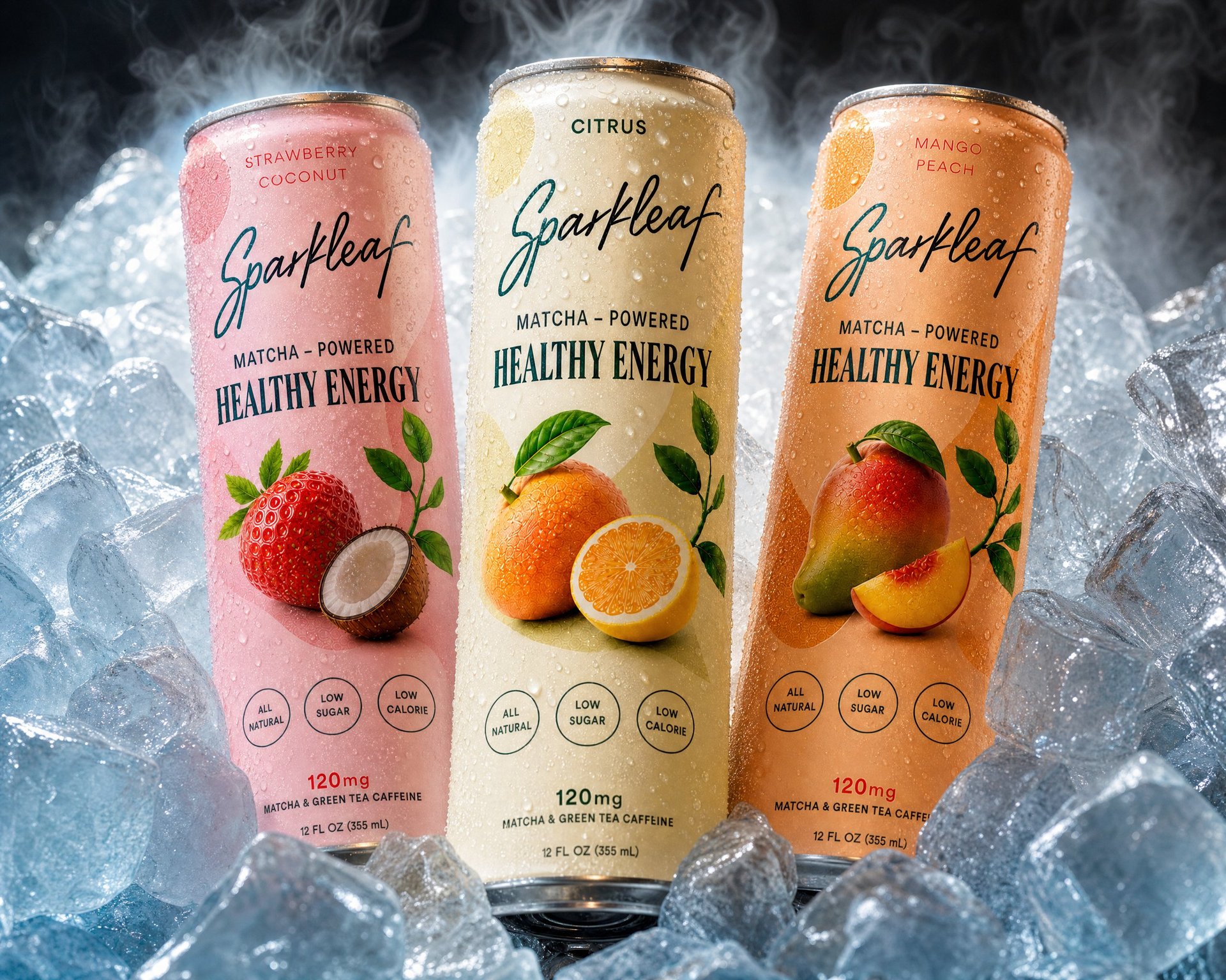 Three Sparkleaf cans on ice — Strawberry Coconut, Citrus, Mango Peach