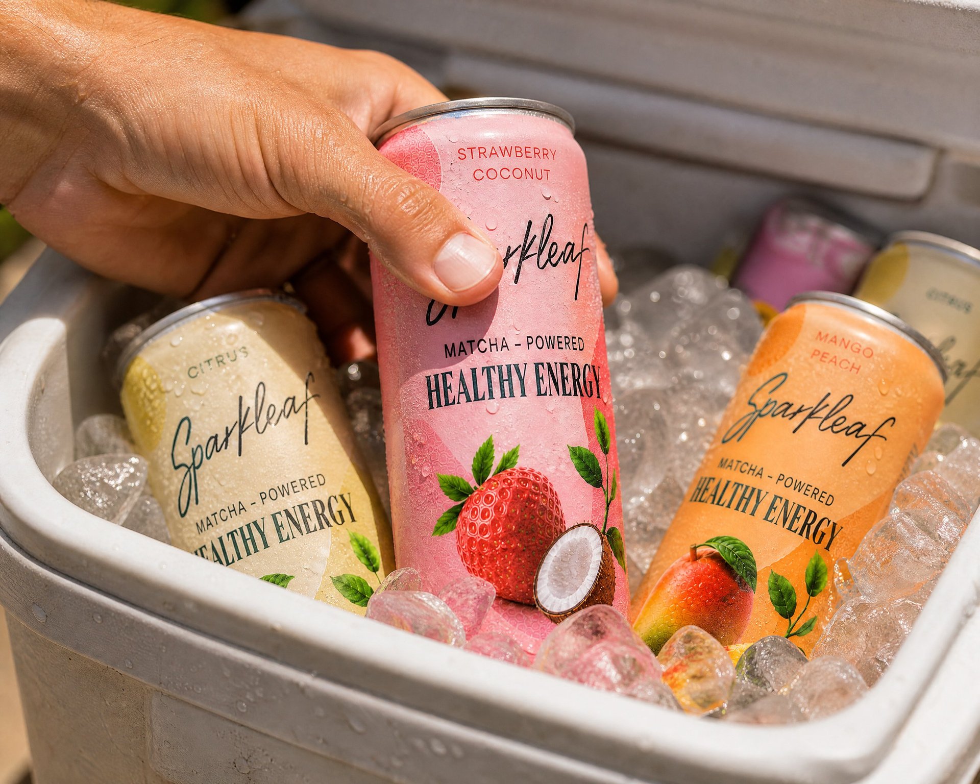Hand reaching for a Sparkleaf Strawberry Coconut can from an ice cooler