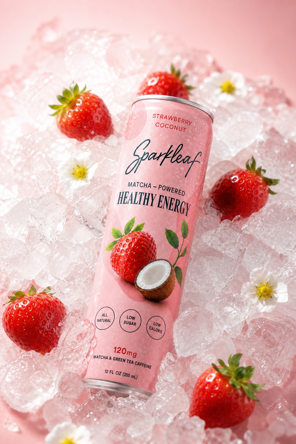 Sparkleaf Strawberry Coconut among strawberries and ice