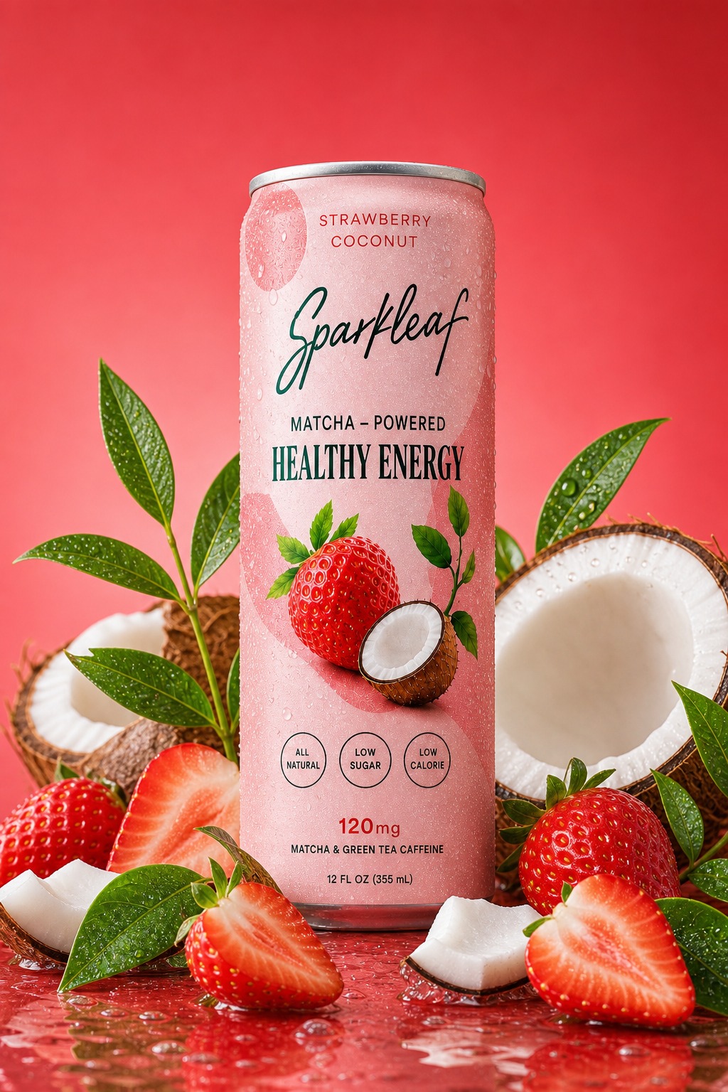 Sparkleaf Strawberry Coconut styled with fresh coconut and strawberries